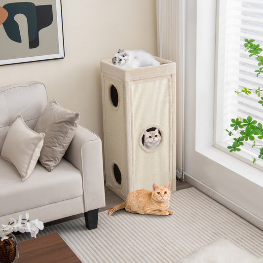39" Tall Cat Condo with Scratching Posts and 3 Hideaways and 4 Soft Plush Cushions, Natural - Gallery Canada
