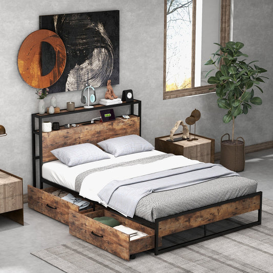 Full/Queen Bed Frame with 2-Tier Storage Headboard and Charging Station-Full Size, Rustic Brown - Gallery Canada