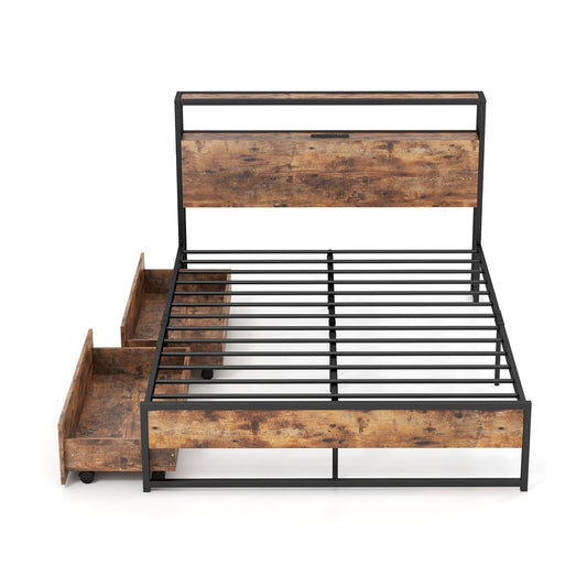Full Queen Bed Frame, 2-Tier Storage Headboard, Charging Station, Brown Simple Bed Frame Rustic Brown at Gallery Canada