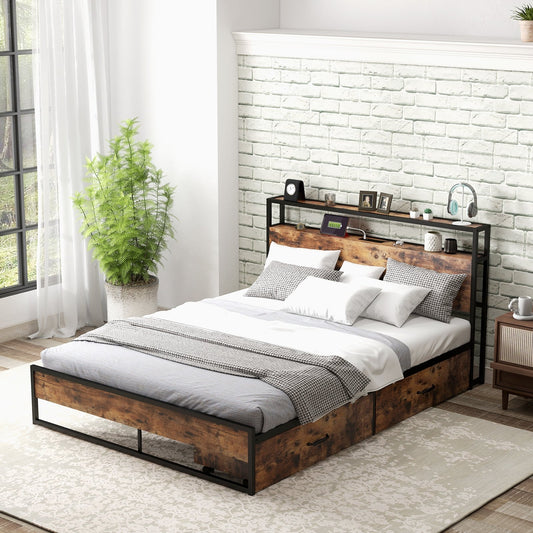 Full/Queen Bed Frame with 2-Tier Storage Headboard and Charging Station-Queen Size, Rustic Brown - Gallery Canada