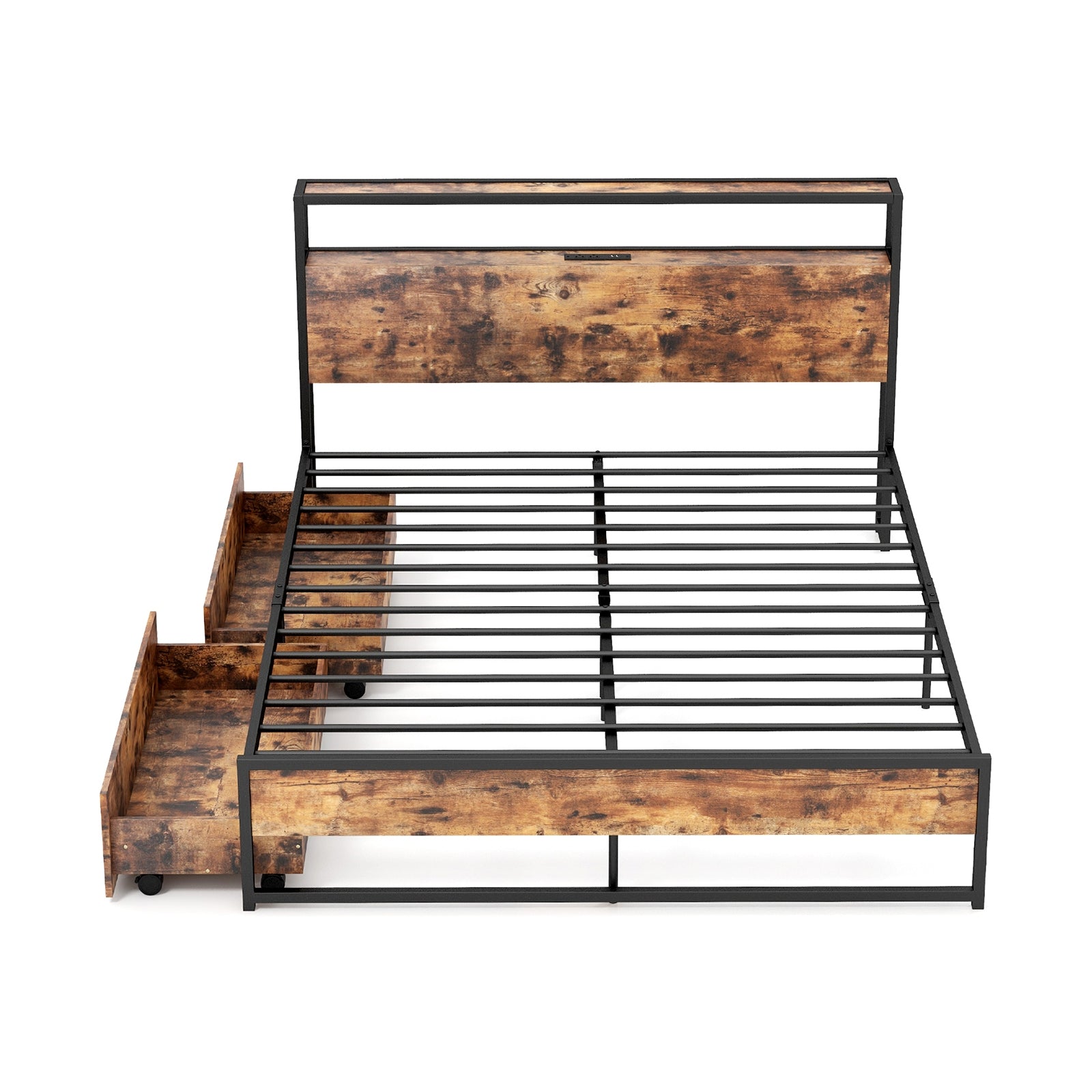 Full/Queen Bed Frame with 2-Tier Storage Headboard and Charging Station-Queen Size, Rustic Brown Simple Bed Frame at Gallery Canada