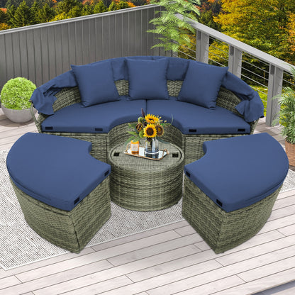 Outdoor PE Wicker Round Daybed, Retractable Canopy, Navy Outdoor Sectionals at Gallery Canada