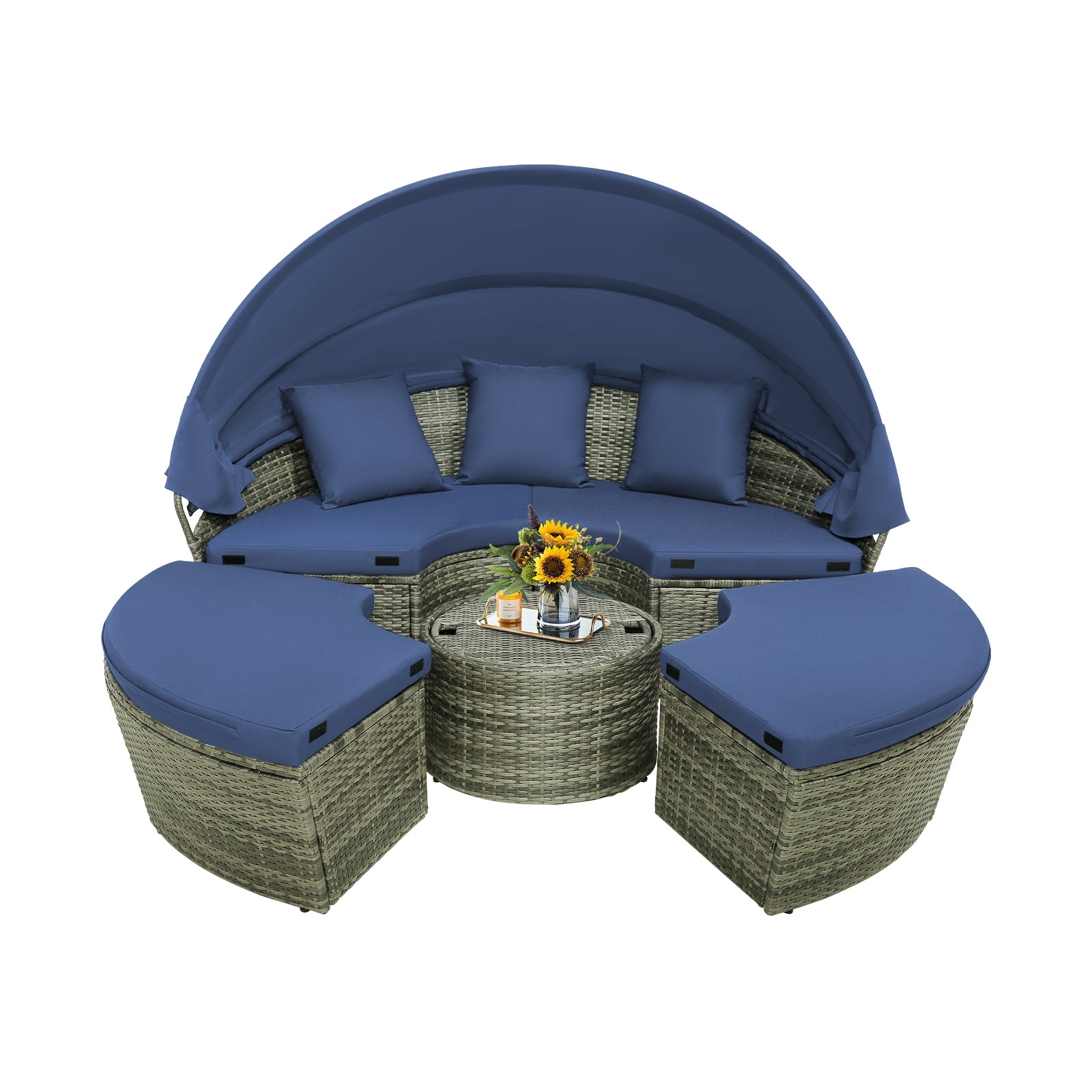 Outdoor PE Wicker Round Daybed, Retractable Canopy, Navy Outdoor Sectionals Navy at Gallery Canada