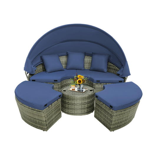Outdoor PE Wicker Round Daybed, Retractable Canopy, Navy Outdoor Sectionals Navy at Gallery Canada