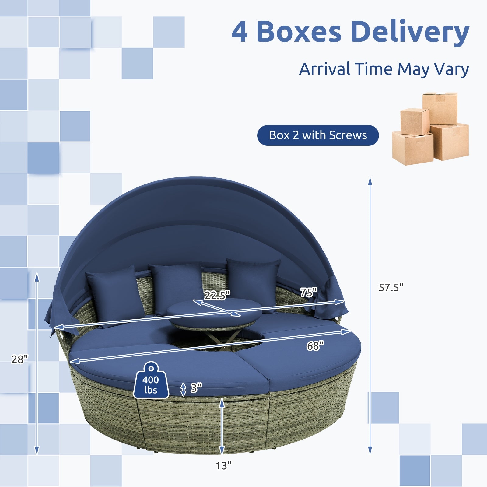 Outdoor PE Wicker Round Daybed, Retractable Canopy, Navy Outdoor Sectionals at Gallery Canada