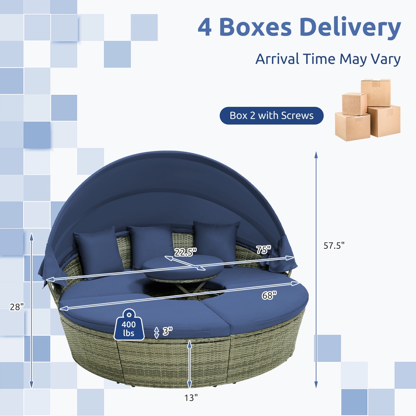 Outdoor PE Wicker Round Daybed, Retractable Canopy, Navy Outdoor Sectionals at Gallery Canada