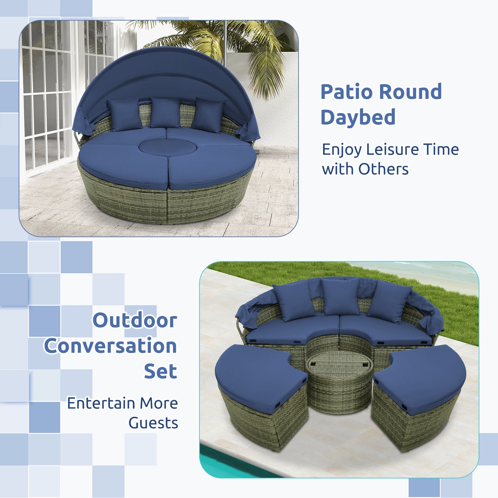 Outdoor PE Wicker Round Daybed, Retractable Canopy, Navy Outdoor Sectionals at Gallery Canada
