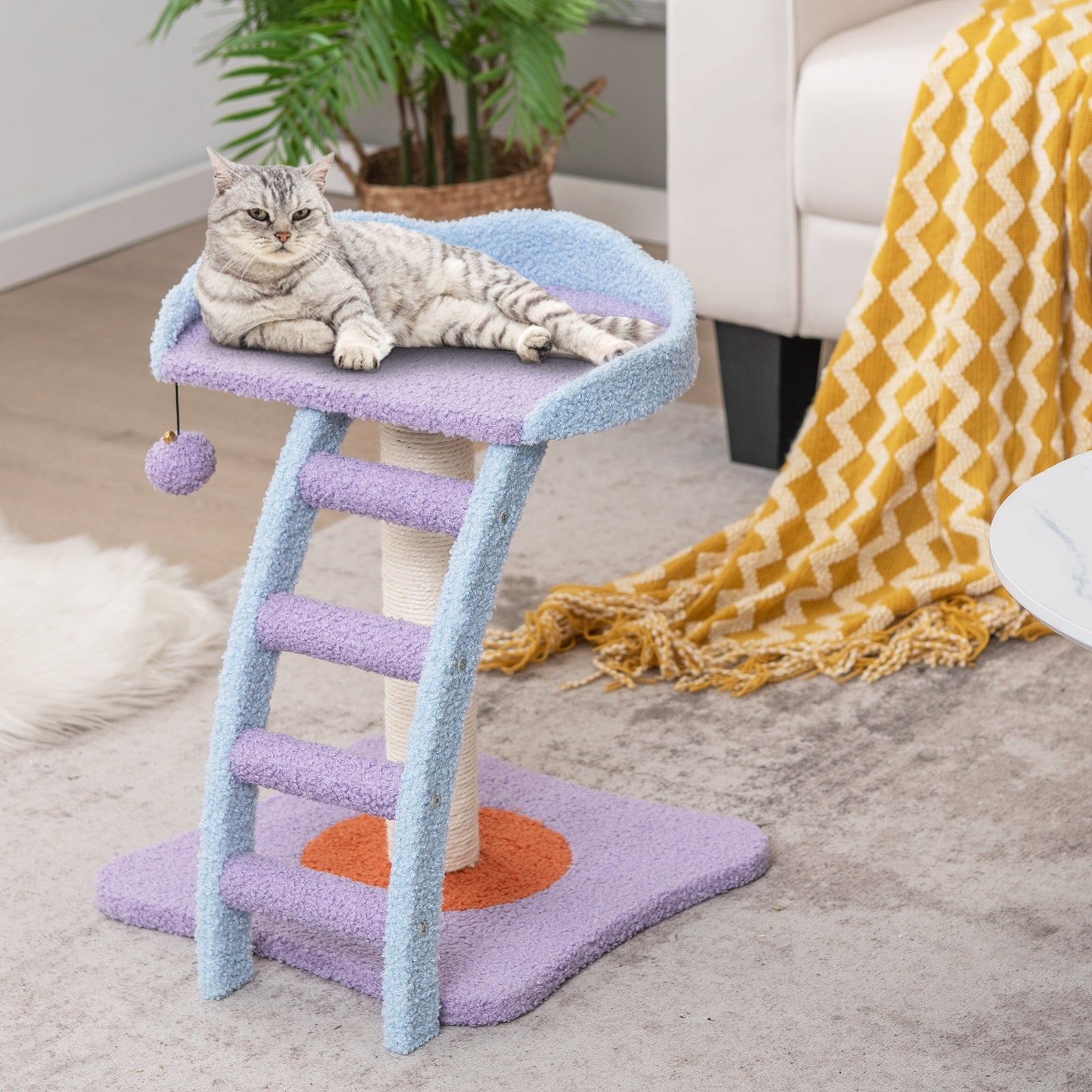 19 Inch Mohair Plush Cat Tree with Ladder and Jingling Ball, Purple Cat Trees Condos & Scratchers at Gallery Canada