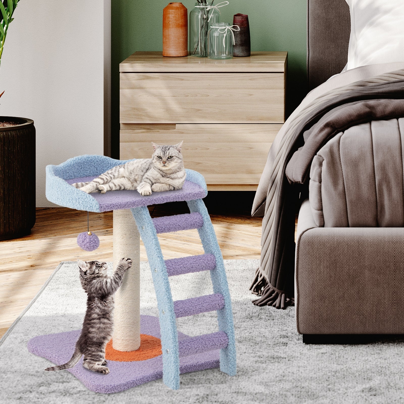 19 Inch Mohair Plush Cat Tree with Ladder and Jingling Ball, Purple Cat Trees Condos & Scratchers at Gallery Canada