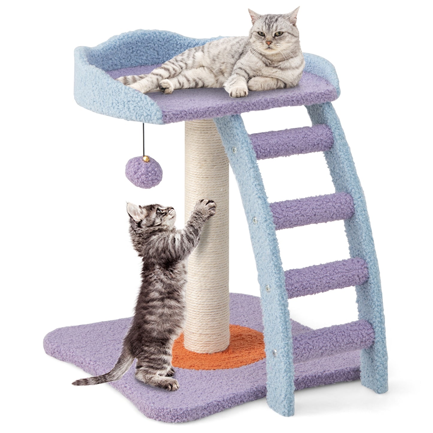 19 Inch Mohair Plush Cat Tree with Ladder and Jingling Ball, Purple Cat Trees Condos & Scratchers Purple at Gallery Canada