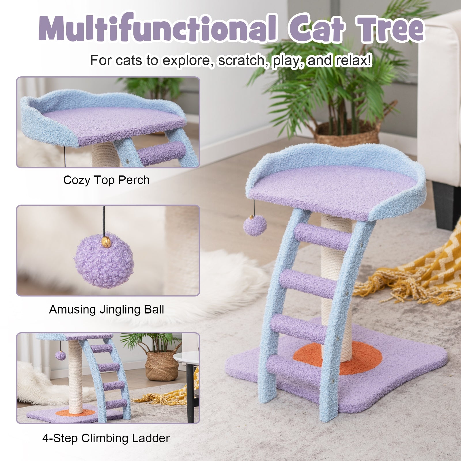 19 Inch Mohair Plush Cat Tree with Ladder and Jingling Ball, Purple Cat Trees Condos & Scratchers at Gallery Canada