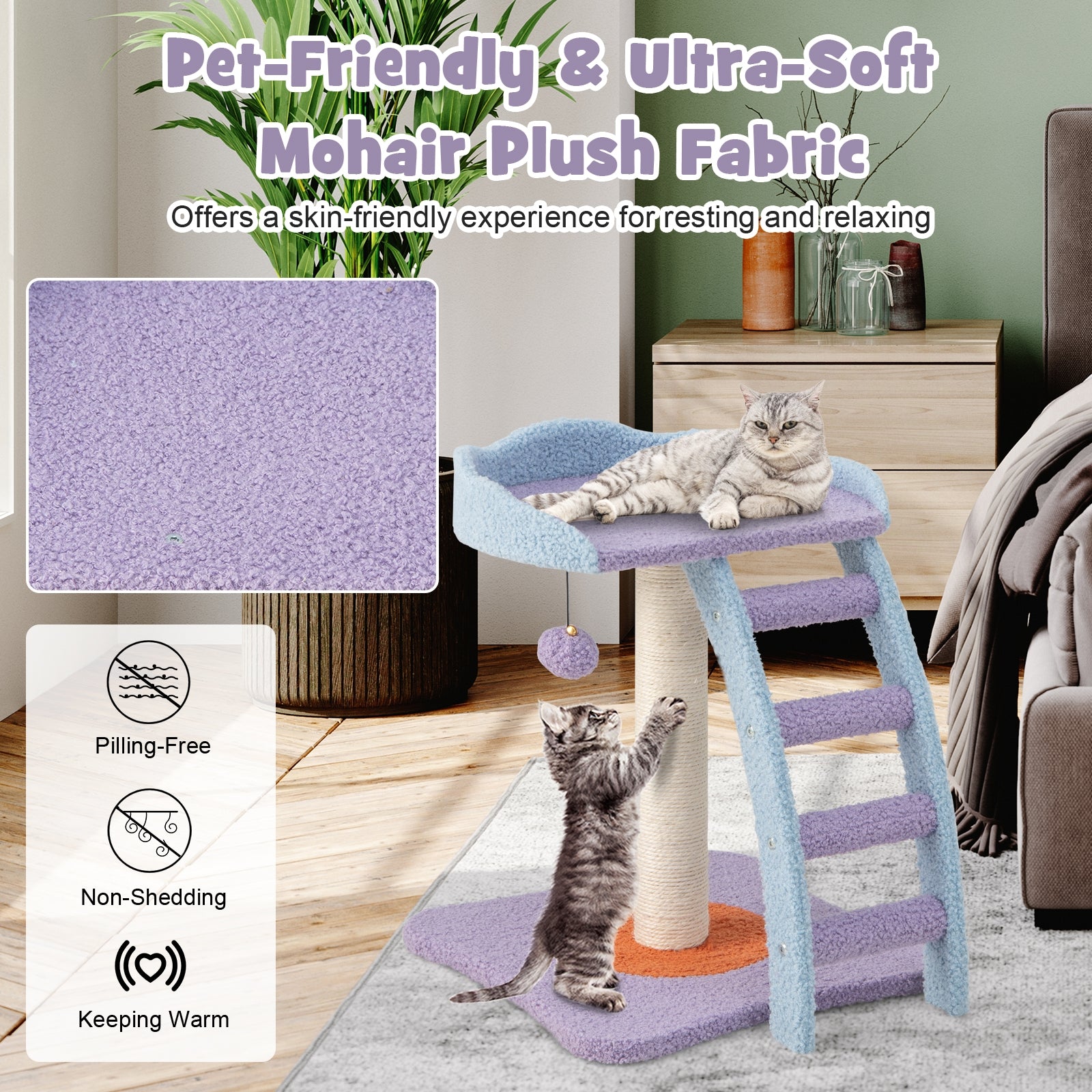 19 Inch Mohair Plush Cat Tree with Ladder and Jingling Ball, Purple Cat Trees Condos & Scratchers at Gallery Canada