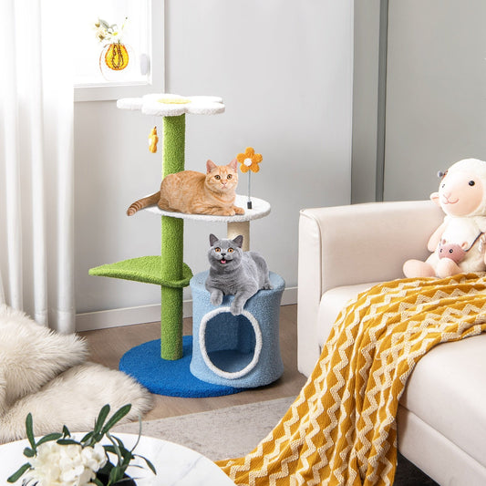 34.5 Inch 4-Tier Cute Cat Tree with Jingling Balls and Condo, Blue - Gallery Canada