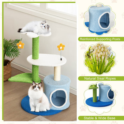 34.5 Inch 4-Tier Cute Cat Tree with Jingling Balls and Condo, Blue - Gallery Canada