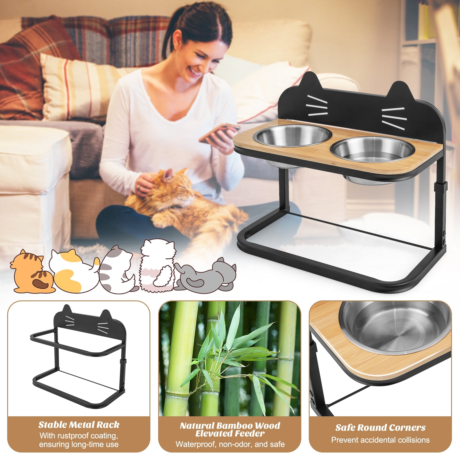 Elevated Pet Feeder with 2 Stainless Steel Bowls for Cats and Small and Medium Dogs, Natural Cat Supplies at Gallery Canada