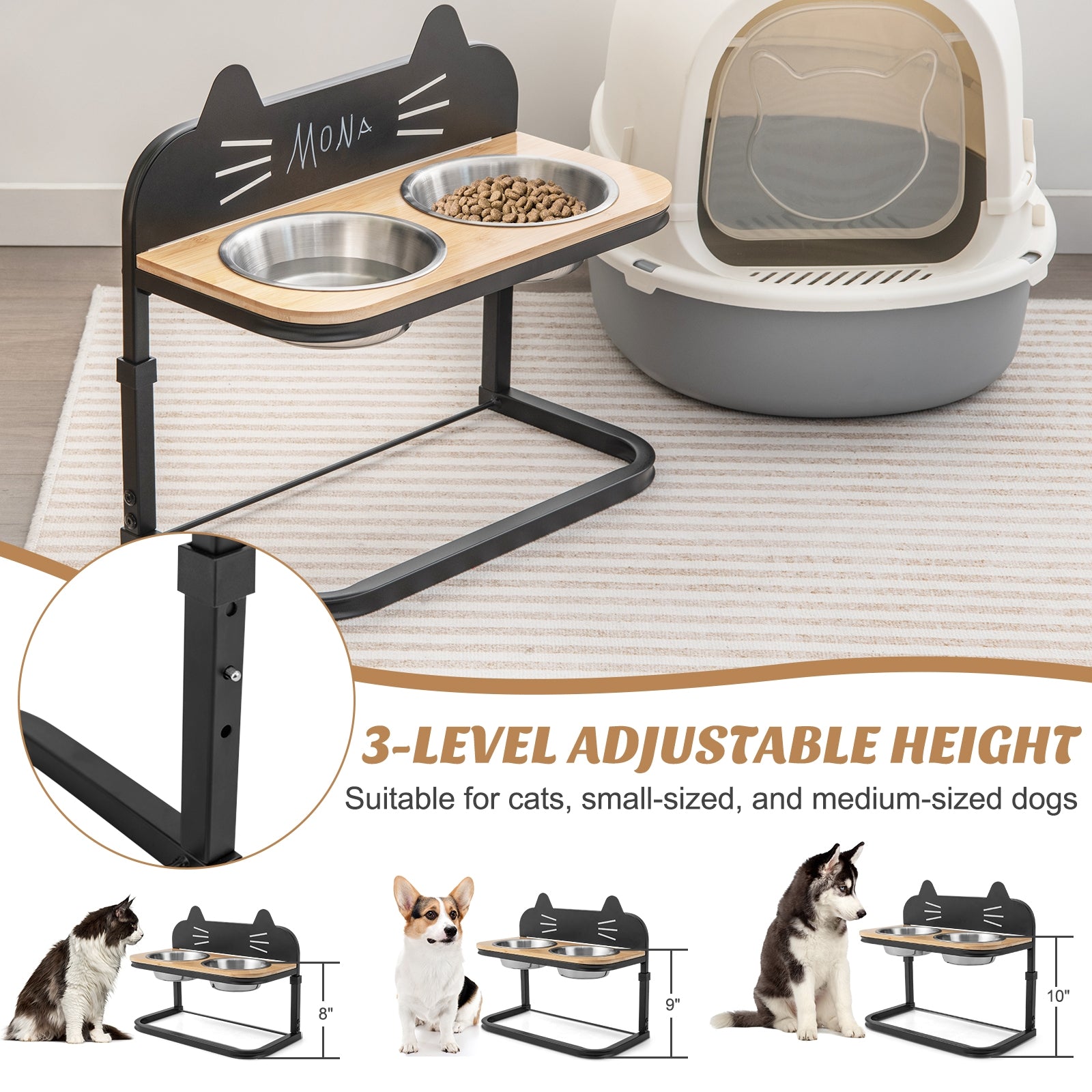Elevated Pet Feeder with 2 Stainless Steel Bowls for Cats and Small and Medium Dogs, Natural Cat Supplies at Gallery Canada