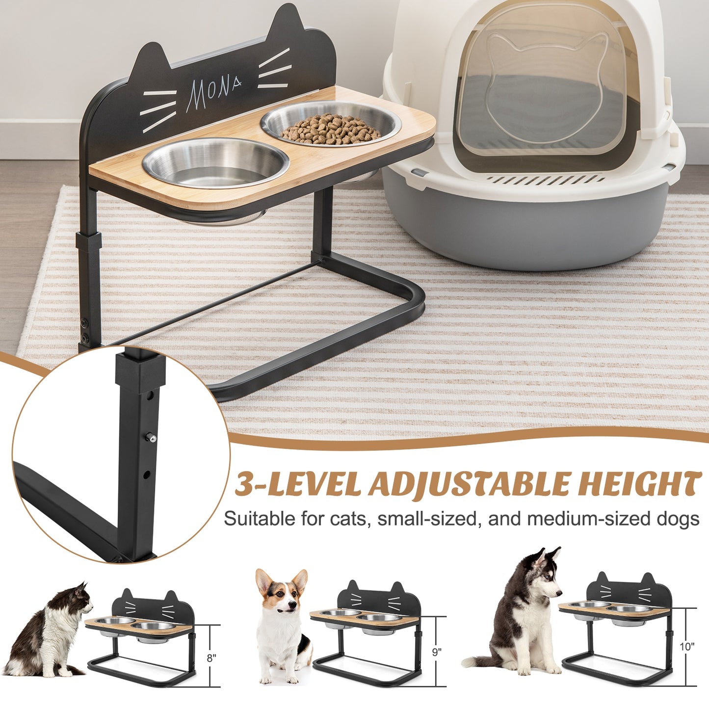 Elevated Pet Feeder with 2 Stainless Steel Bowls for Cats and Small and Medium Dogs, Natural Cat Supplies at Gallery Canada