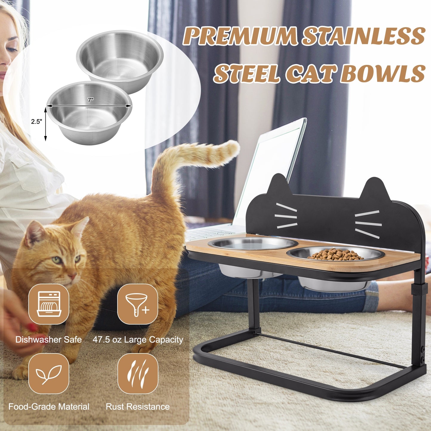 Elevated Pet Feeder with 2 Stainless Steel Bowls for Cats and Small and Medium Dogs, Natural Cat Supplies at Gallery Canada