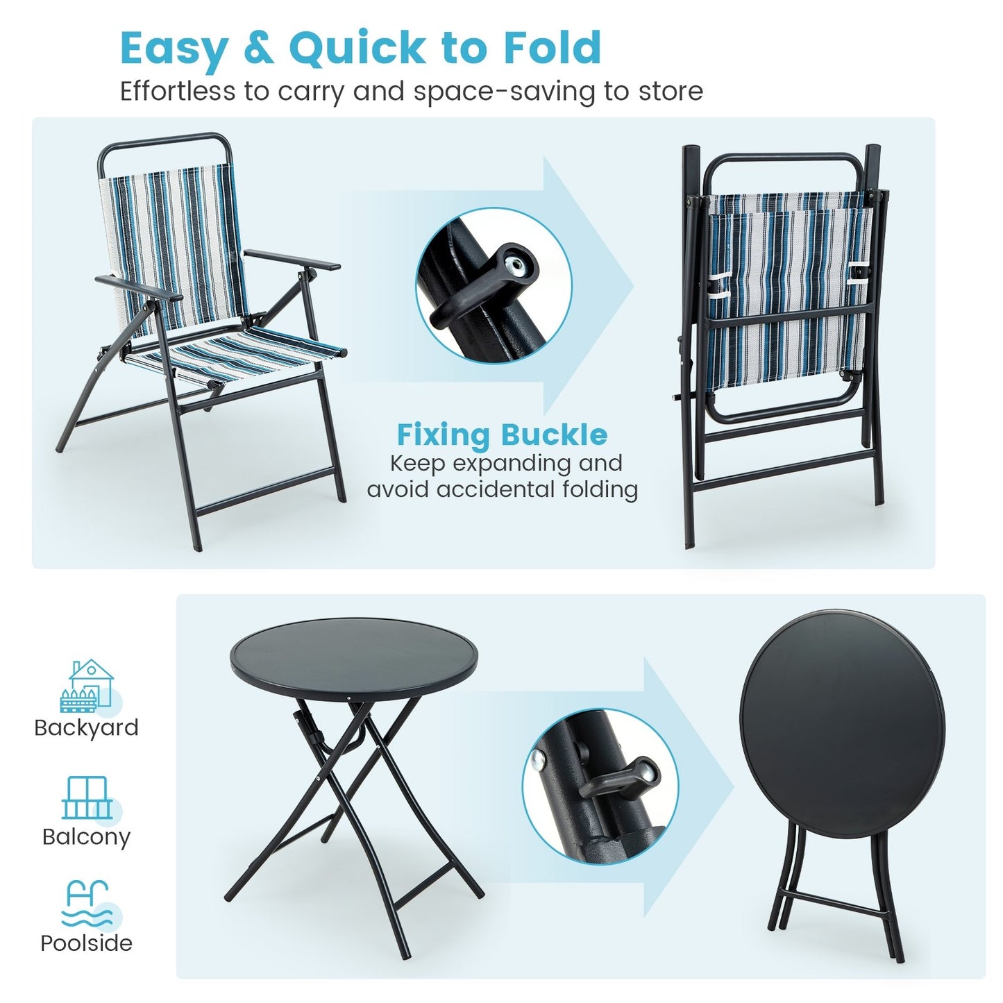 3 Pieces Outdoor Folding Chair Set Portable Folding Chair Set, Blue - Gallery Canada
