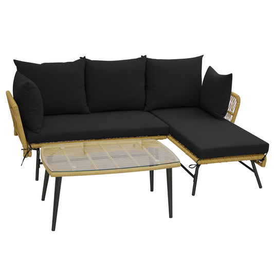 3 Piece L-Shaped Patio Sofa With Cushions, Tempered Glass Table, Black Patio Conversation Sets Black at Gallery Canada