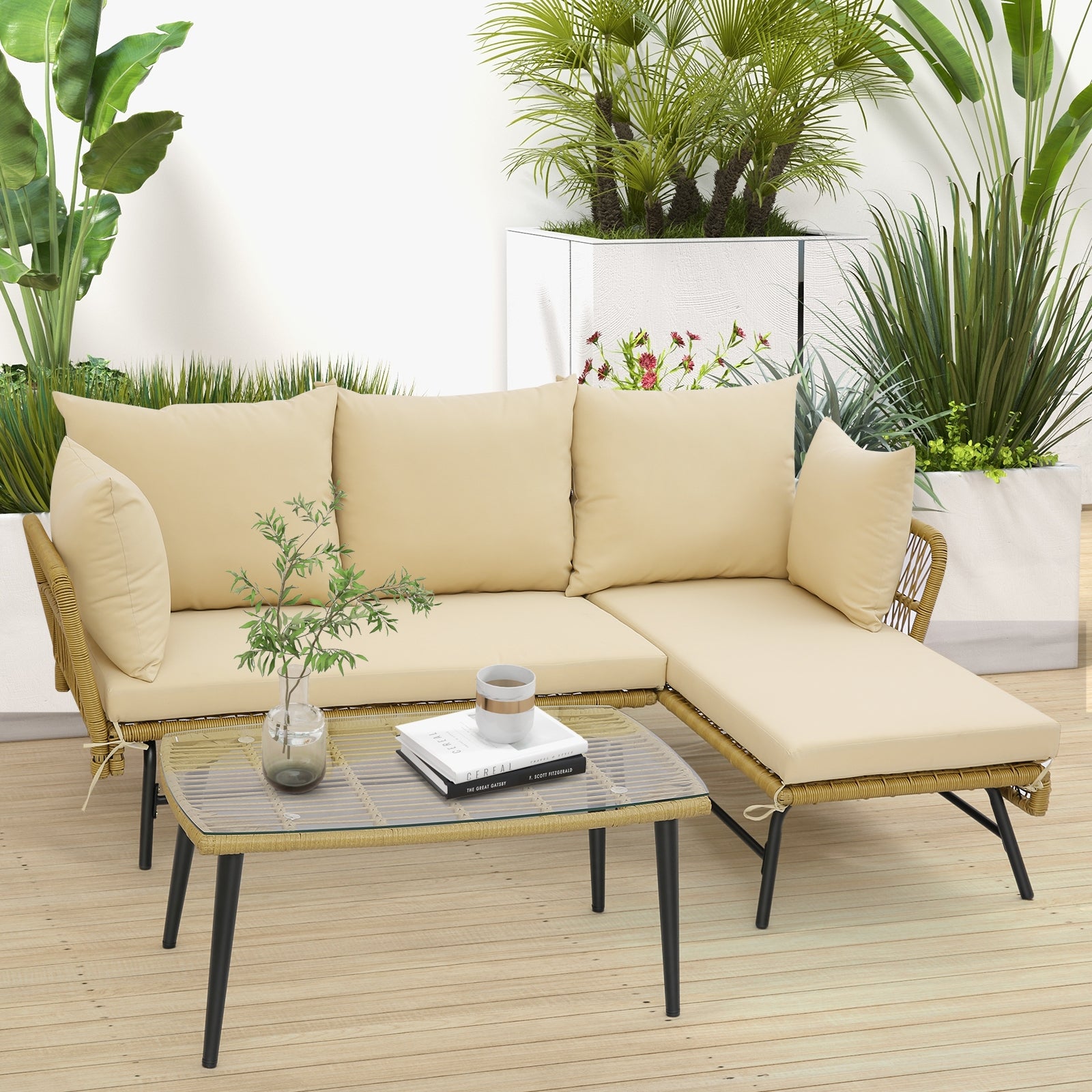 3 Pieces L-Shaped Patio Sofa with Cushions and Tempered Glass Table, Beige Patio Conversation Sets at Gallery Canada