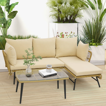 3 Pieces L-Shaped Patio Sofa with Cushions and Tempered Glass Table, Beige Patio Conversation Sets at Gallery Canada