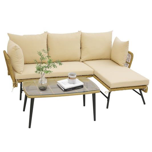 3 Piece L-Shaped Patio Sofa With Cushions, Tempered Glass Table, Beige Patio Conversation Sets Beige at Gallery Canada