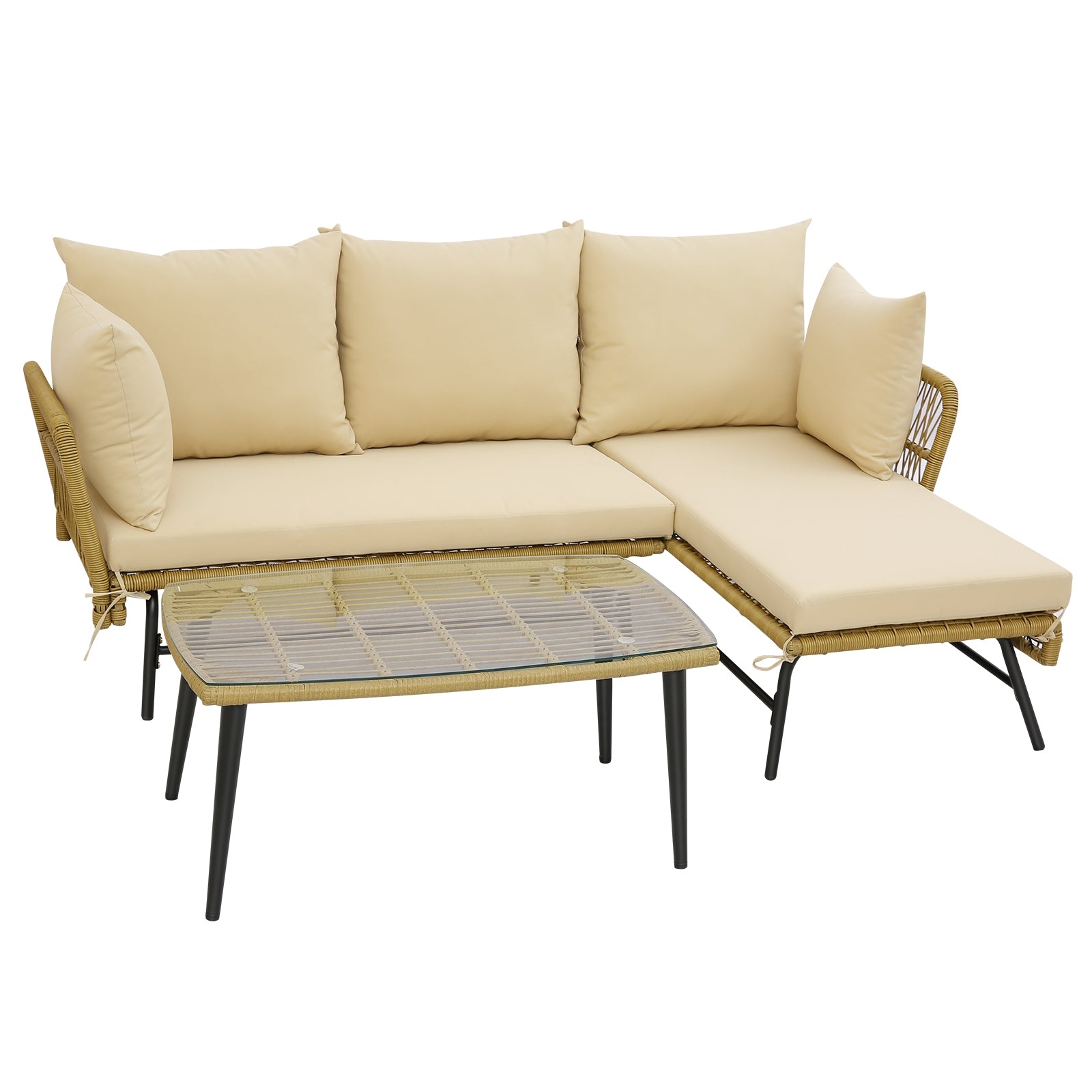 3 Pieces L-Shaped Patio Sofa with Cushions and Tempered Glass Table, Beige Patio Conversation Sets at Gallery Canada