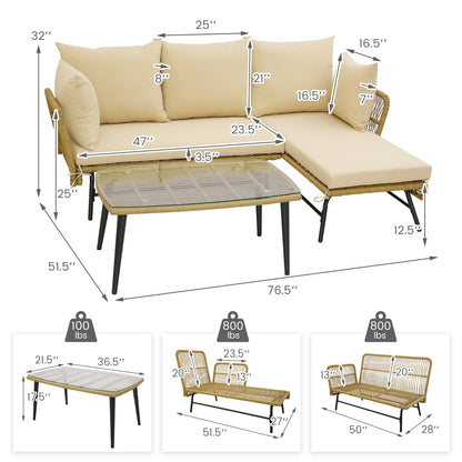 3 Pieces L-Shaped Patio Sofa with Cushions and Tempered Glass Table, Beige Patio Conversation Sets at Gallery Canada