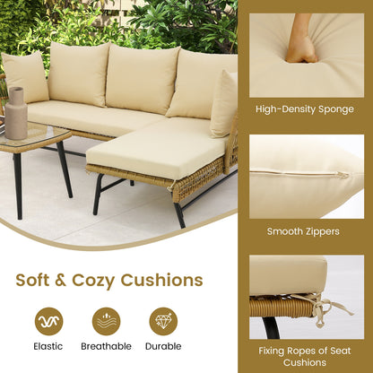 3 Pieces L-Shaped Patio Sofa with Cushions and Tempered Glass Table, Beige Patio Conversation Sets at Gallery Canada