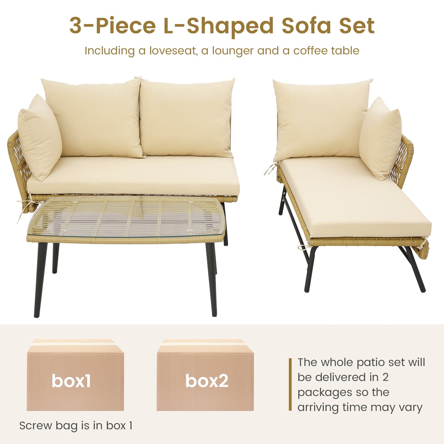 3 Pieces L-Shaped Patio Sofa with Cushions and Tempered Glass Table, Beige Patio Conversation Sets at Gallery Canada