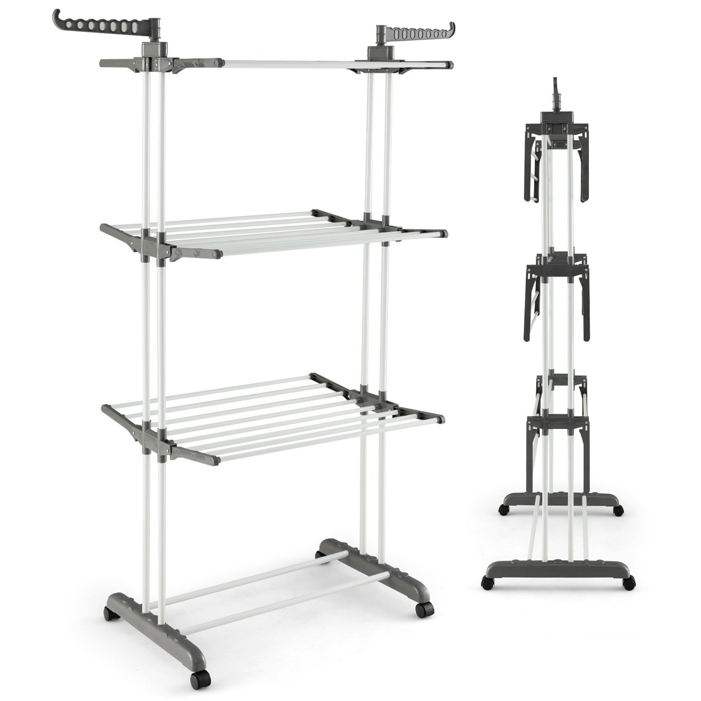 4-tier Clothes Drying Rack with Rotatable Side Wings and Collapsible Shelves, Gray