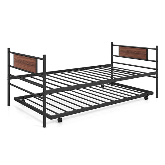 Twin Size Metal Daybed with Trundle and Wood Grain Headboard, Black - Gallery Canada