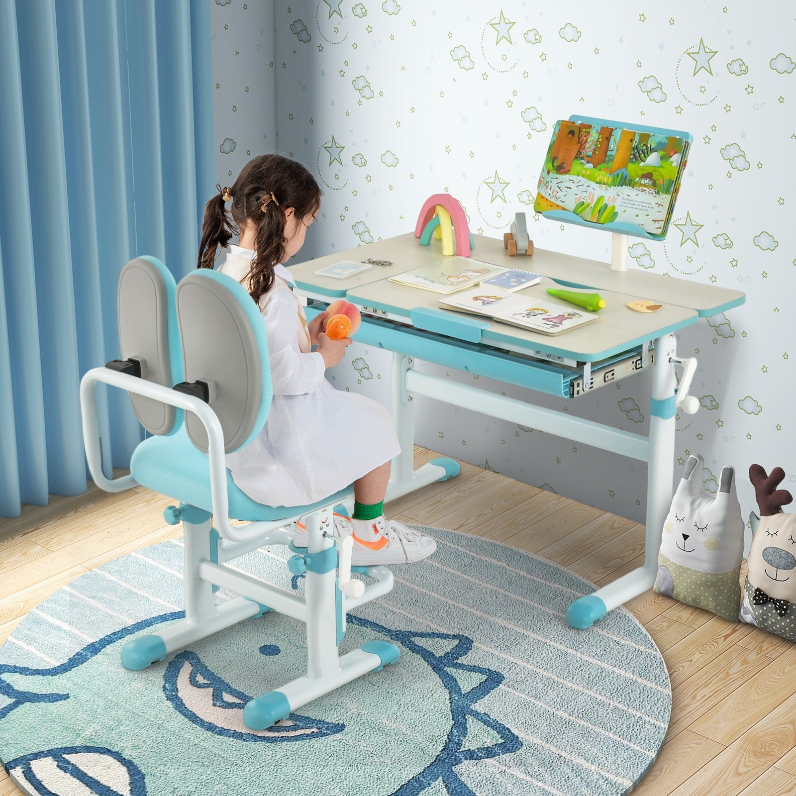 Height-Adjustable Kids Desk with Tilt Desktop and Book Stand, Blue Kids Table & Chair Sets at Gallery Canada