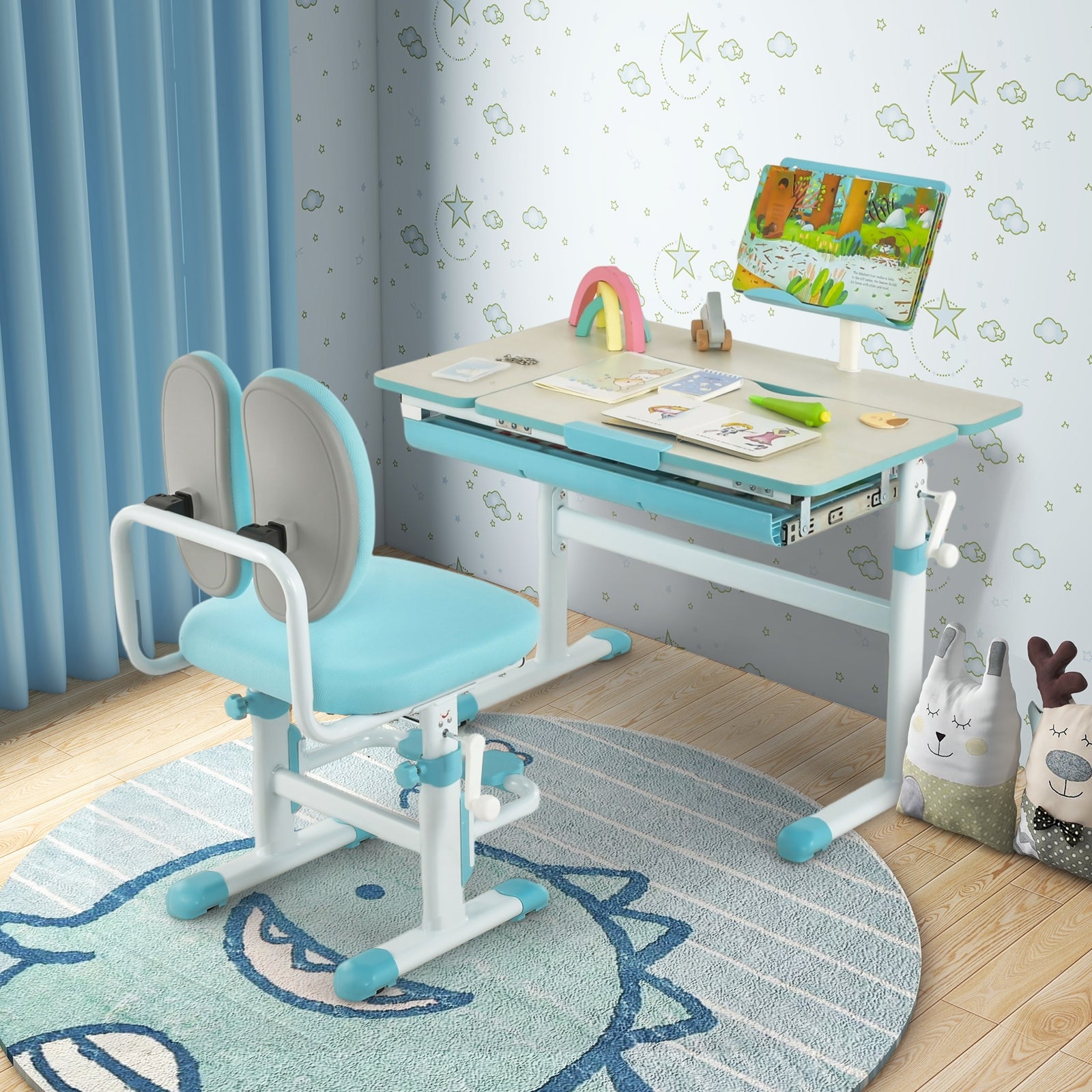 Height-Adjustable Kids Desk with Tilt Desktop and Book Stand, Blue Kids Table & Chair Sets at Gallery Canada