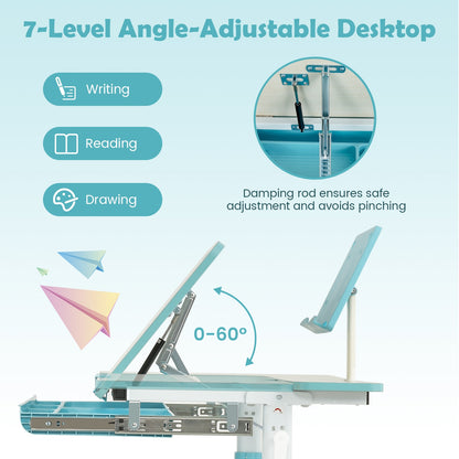 Height-Adjustable Kids Desk with Tilt Desktop and Book Stand, Blue Kids Table & Chair Sets at Gallery Canada