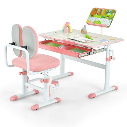 Height-Adjustable Kids Study Desk And Chair Set, Pink