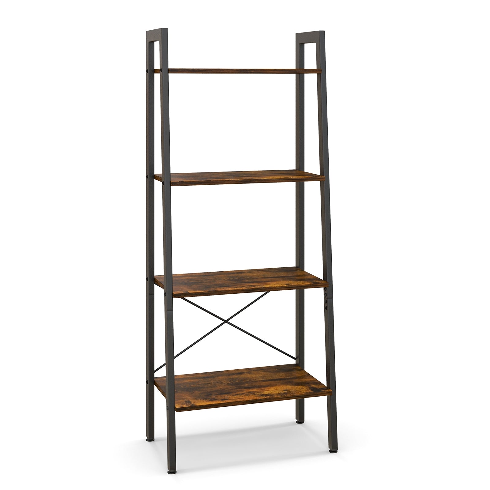 4-Tier Bookshelf with Metal Frame and Adjustable Foot Pads, Rustic Brown Bookcases Rustic Brown at Gallery Canada