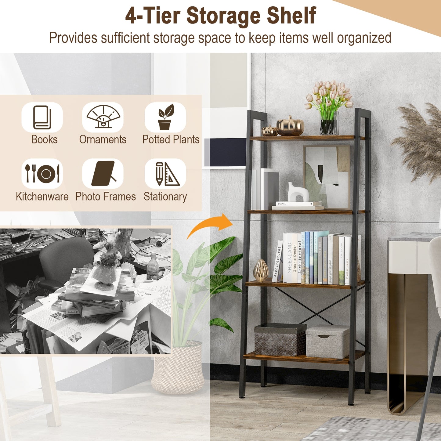4-Tier Bookshelf, Metal Frame, Adjustable Foot Pads, Rustic Brown Bookcases at Gallery Canada