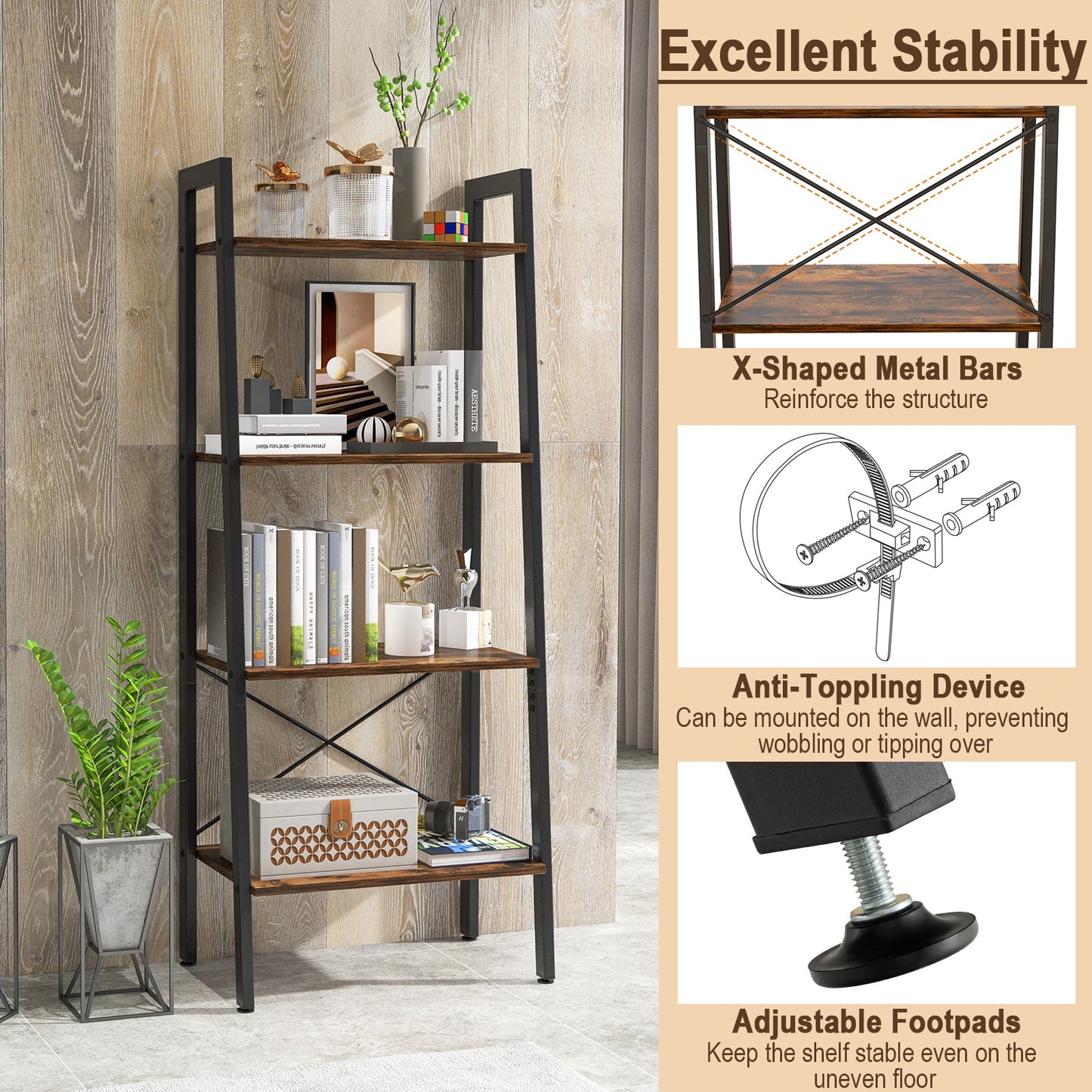 4-Tier Bookshelf, Metal Frame, Adjustable Foot Pads, Rustic Brown Bookcases at Gallery Canada