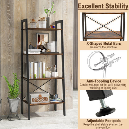4-Tier Bookshelf, Metal Frame, Adjustable Foot Pads, Rustic Brown Bookcases at Gallery Canada