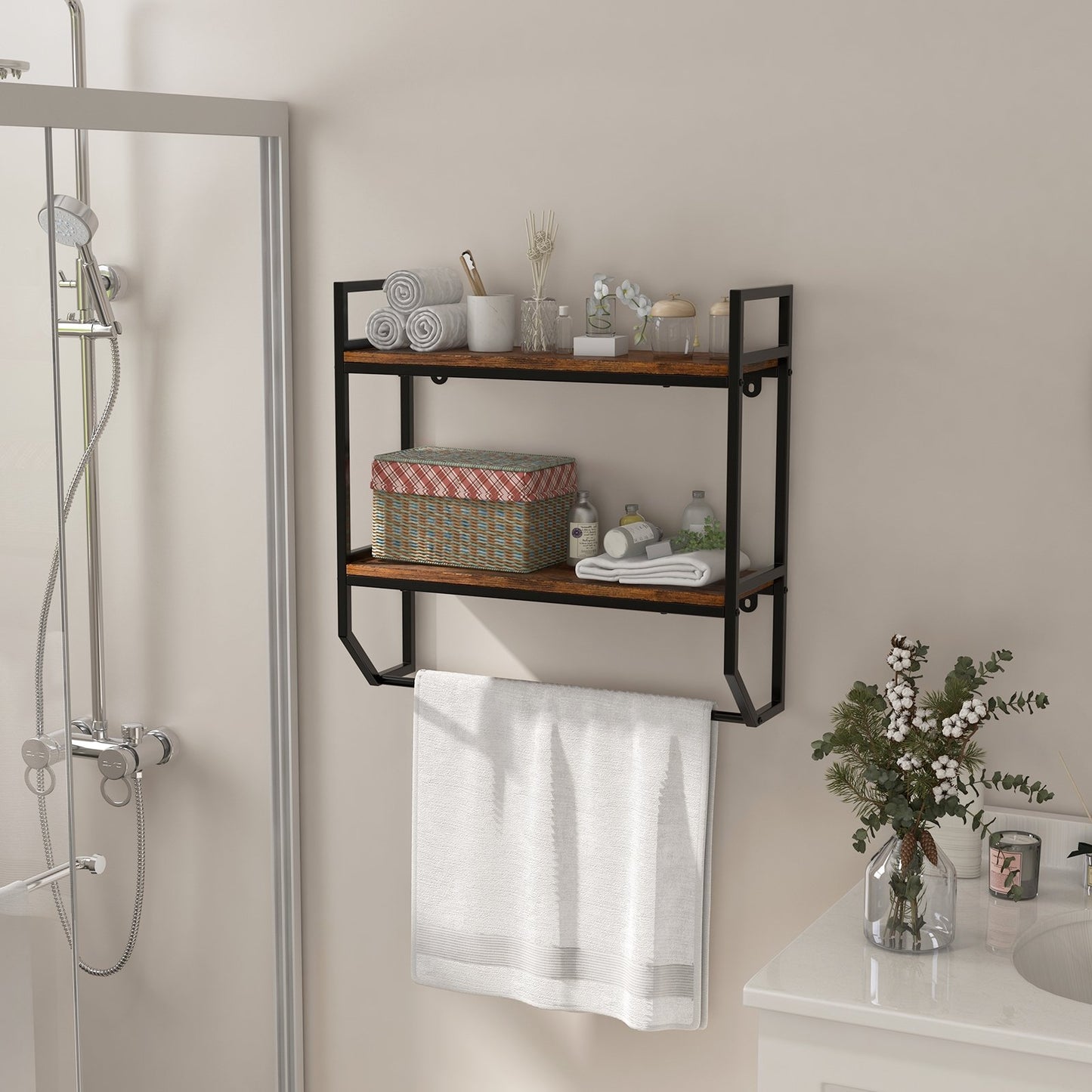 Over the Toilet Shelf Wall Mounted with Metal Frame for Bathroom, Black