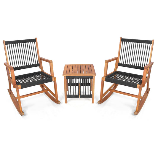 3 Pieces Acacia Wood Rocking Bistro Set Patio Conversation Sets Black, Natural at Gallery Canada