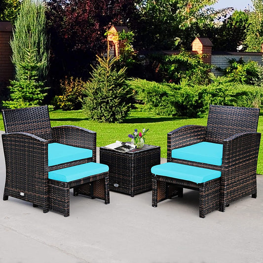 5 Pieces Patio Rattan Furniture Set with Ottoman and Tempered Glass Coffee Table, Turquoise Outdoor Seating & Patio Chairs Turquoise at Gallery Canada