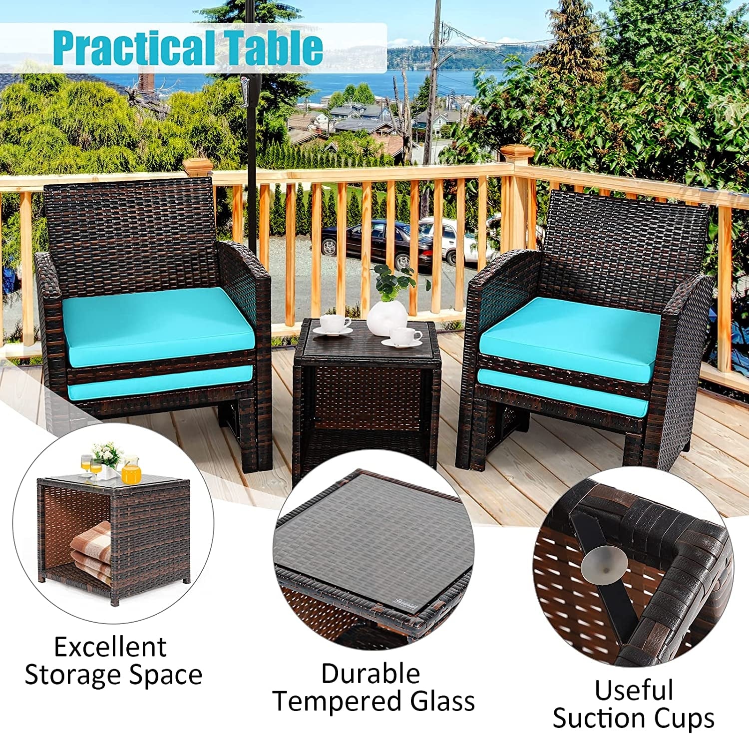 5 Pieces Patio Rattan Furniture Set with Ottoman and Tempered Glass Coffee Table, Turquoise Outdoor Seating & Patio Chairs at Gallery Canada