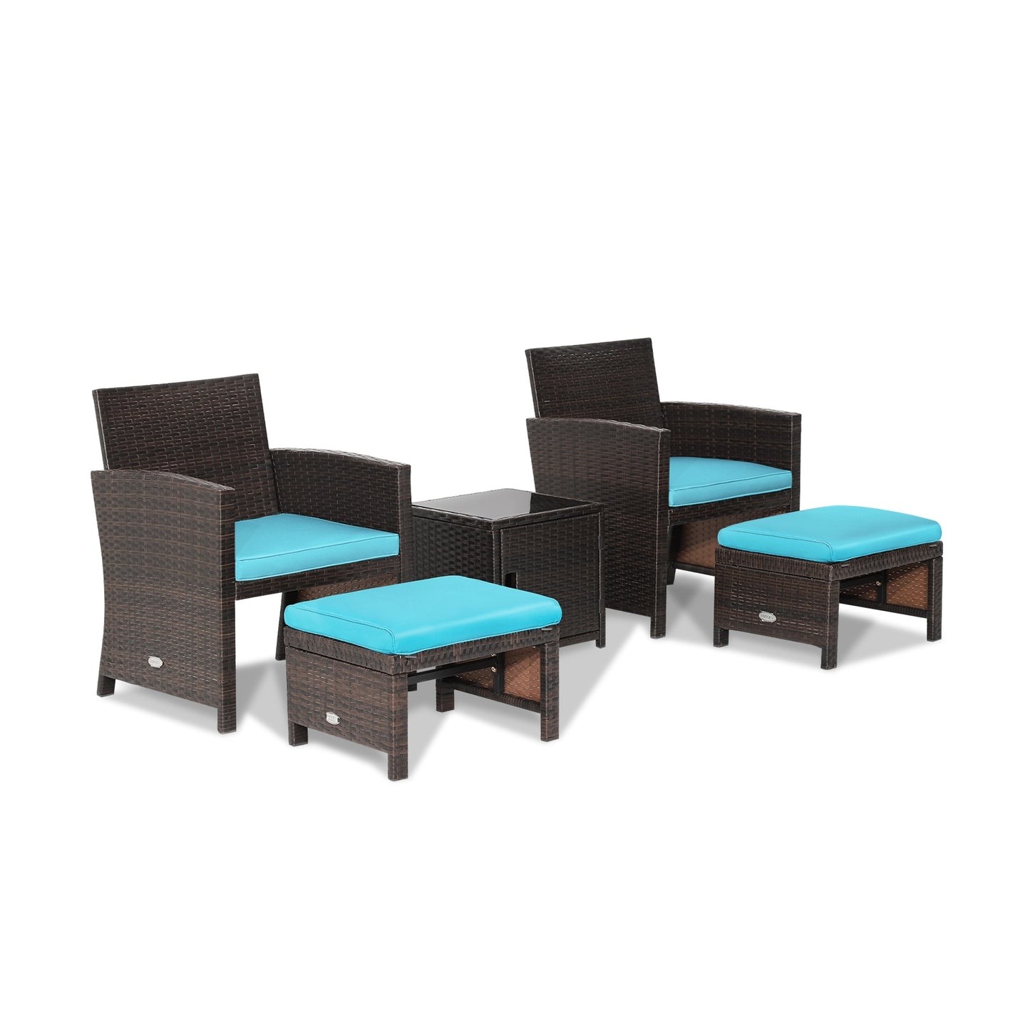 5 Pieces Patio Rattan Furniture Set with Ottoman and Tempered Glass Coffee Table, Turquoise Outdoor Seating & Patio Chairs Turquoise at Gallery Canada