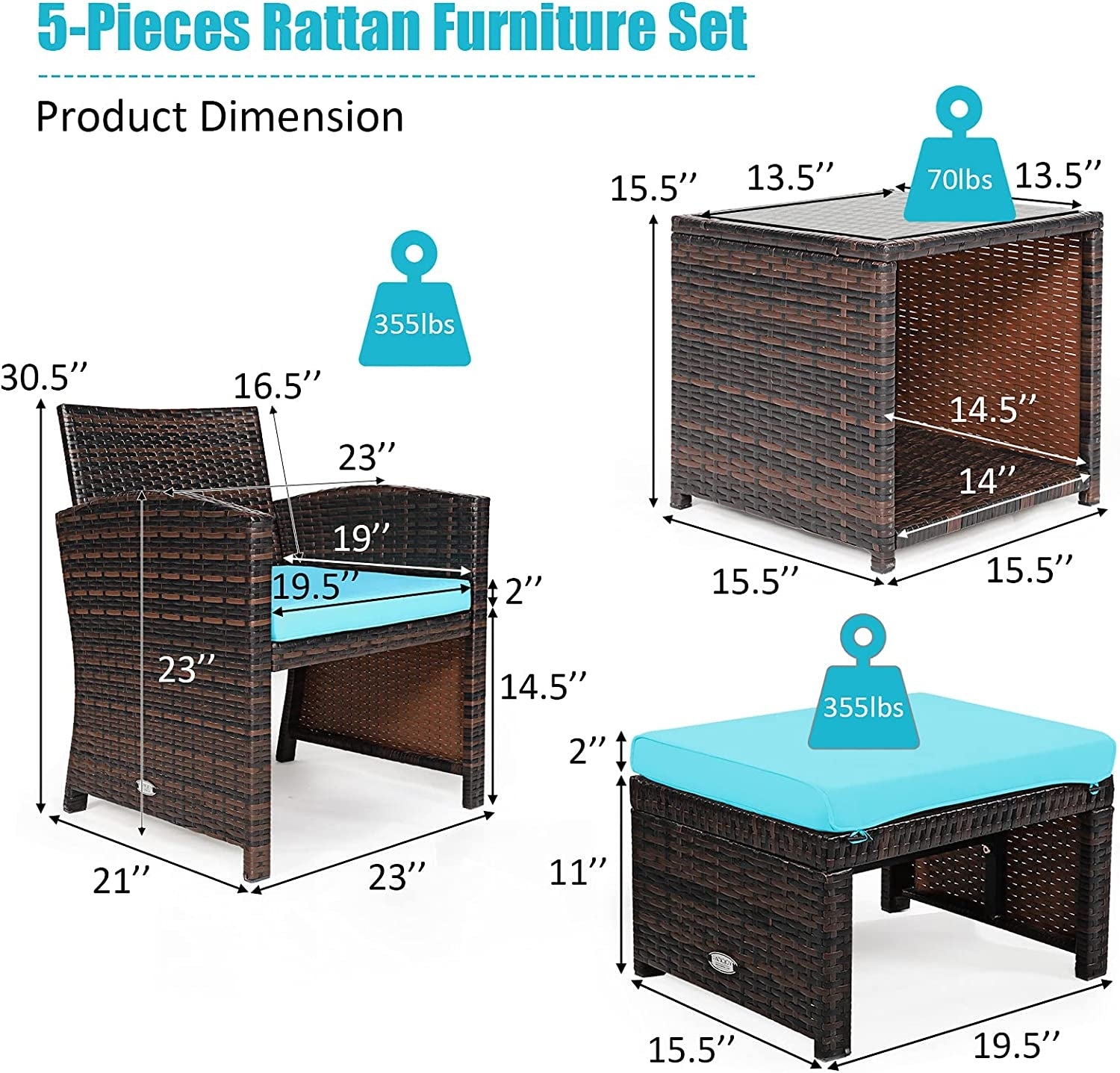 5 Pieces Patio Rattan Furniture Set with Ottoman and Tempered Glass Coffee Table, Turquoise Outdoor Seating & Patio Chairs at Gallery Canada