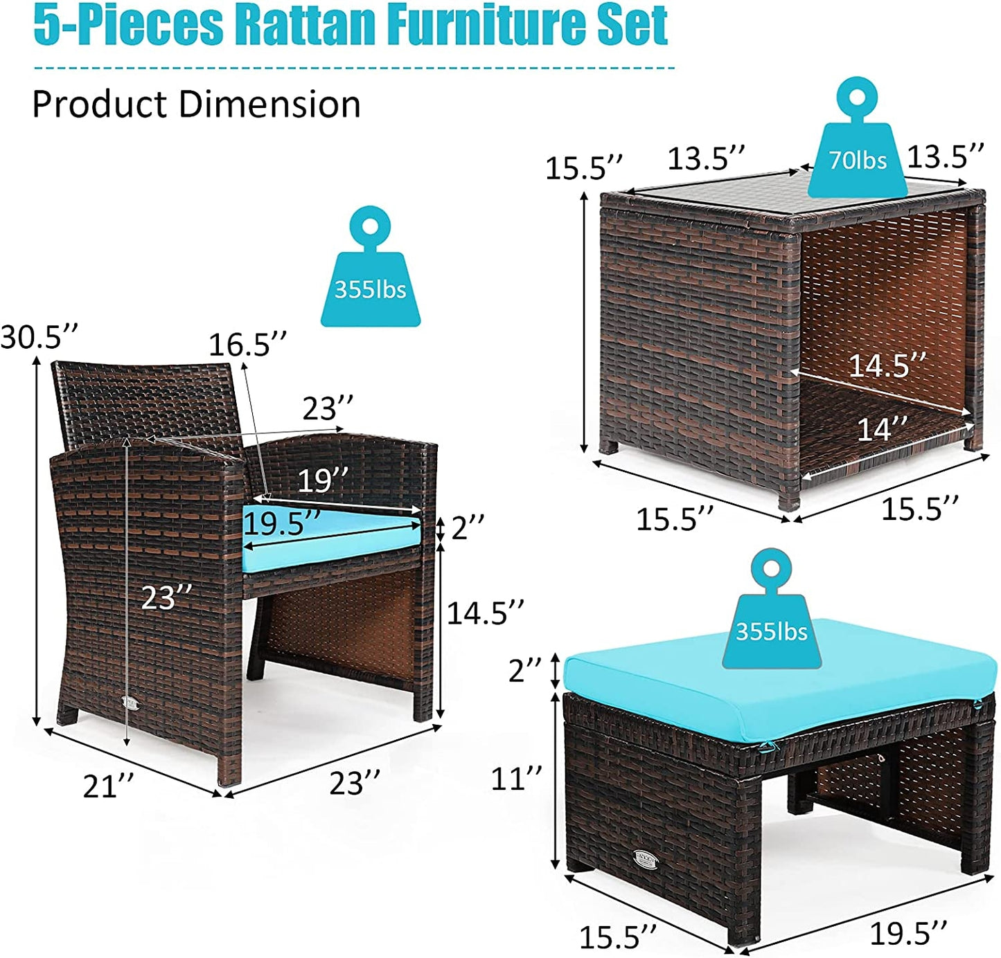 5 Pieces Patio Rattan Furniture Set with Ottoman and Tempered Glass Coffee Table, Turquoise Outdoor Seating & Patio Chairs at Gallery Canada