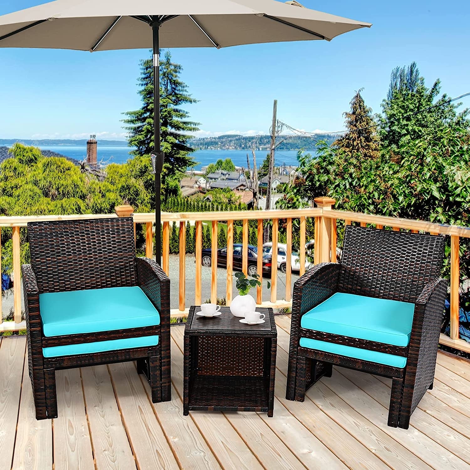 5 Pieces Patio Rattan Furniture Set with Ottoman and Tempered Glass Coffee Table, Turquoise Outdoor Seating & Patio Chairs at Gallery Canada