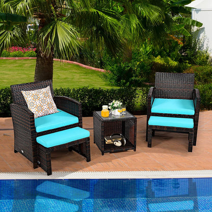 5 Pieces Patio Rattan Furniture Set with Ottoman and Tempered Glass Coffee Table, Turquoise Outdoor Seating & Patio Chairs at Gallery Canada